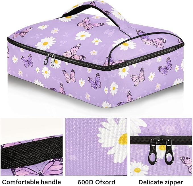 Casserole Carrier Cute Pattern Purple Butterfly and FlowersInsulated Casserole Carrier for Hot or Cold Food Thermal Lunch Tote for Potluck Parties Picnic Fits 9 x 13 Inches Baking Dish
