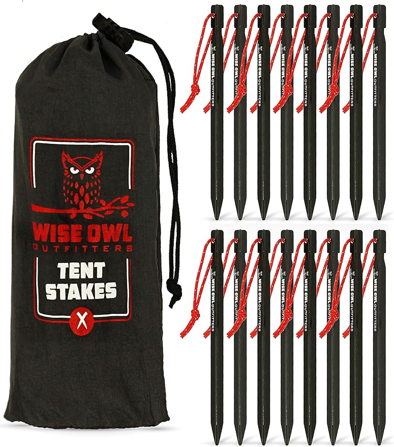 Wise Owl Outfitters Tent Stakes Heavy Duty 16 Pack – Lightweight Non-Rust Aircraft Aluminum Tent Pegs - Metal Ground Stakes for Camping Canopy Tarp