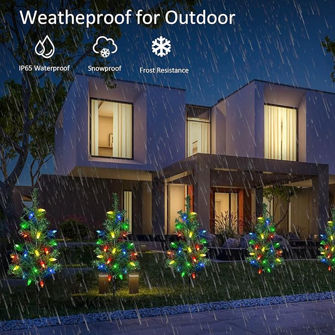 Upgraded 4-Pack Solar Christmas Garden Stake Lights Decorative Xmas Tree Solar Christmas Yard Stake Outdoor Waterproof Pathway Lights for Garden Patio Yard Decorations