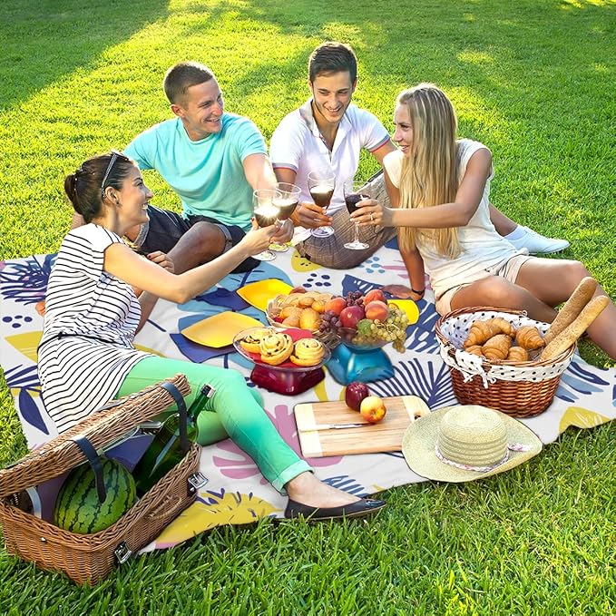 Waterproof Sandproof Beach Blanket 59''×68'' Leaves Collection Polyester Outdoor Picnic Blanket with 4 Stakes &amp Storage Bag for BeachCampingVacation White