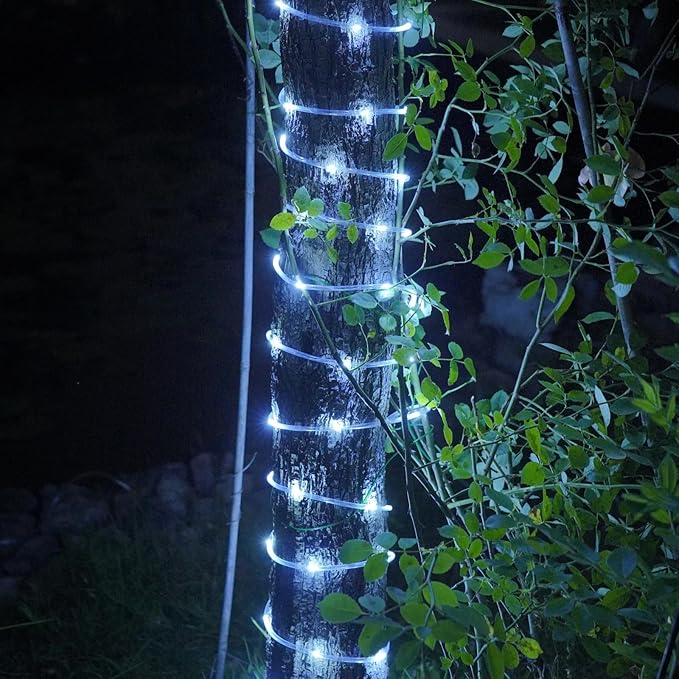 YEGUO Solar Christmas Light Outdoor Waterproof 66ft 200 LED White Rope Lights 8 Modes Tube String Lights in Clear Thin Tube
