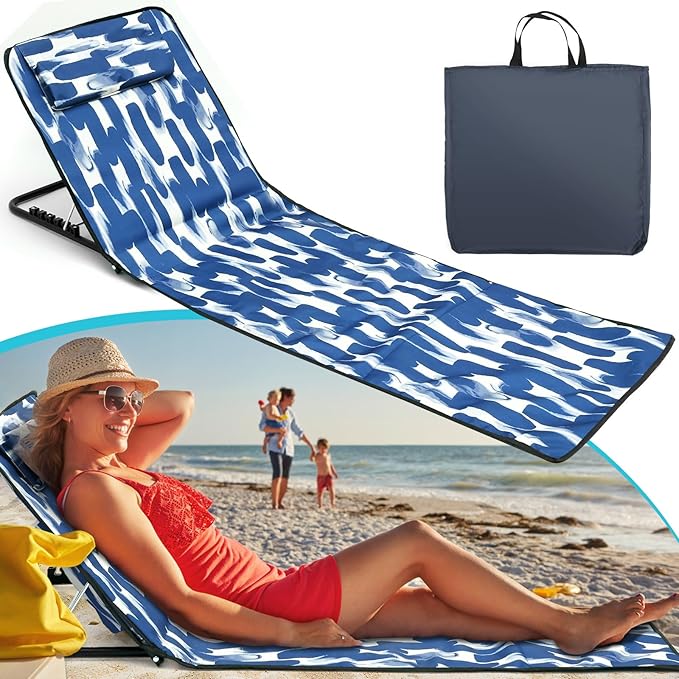Portable Beach Mat Lounge Chair and Tote Recliner Beach Mat Oxford Cloth Sun Chair Adjustable Tilt Angle Folding Tanning Waterproof with Pocket for Holidays Garden Camping Park