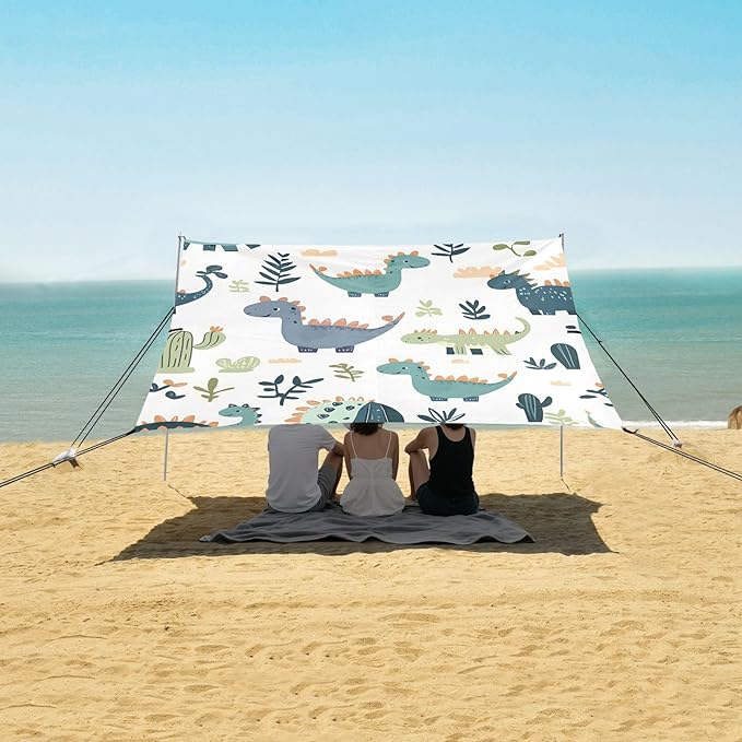 ALAZA Cactus Dinosaur Dino Beach Tent Sun Shelter UPF50+ Protection Beach Shade Canopy w/ 4 Sandbags for Outdoor Camping Fishing Backyard Fun Picnic 10x9 ft
