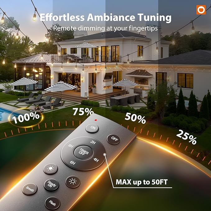 addlon 50FT Outdoor String Lights LED with Remote Dimmable Patio Lights Waterproof Shatterproof Edison Bulb for Outside Backyard Porch Garden Bistro Pergola Party Decor Warm Ambience Lighting
