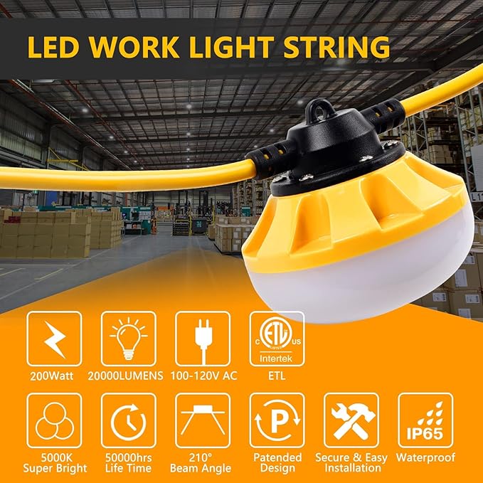 200FT Construction String Lights LED Industrial Grade Best for Construction Sites Renovation WalkwaysPatioMine cave Outdoor and Other Outdoor Lighting Solutions UseFree for Climbing Hook