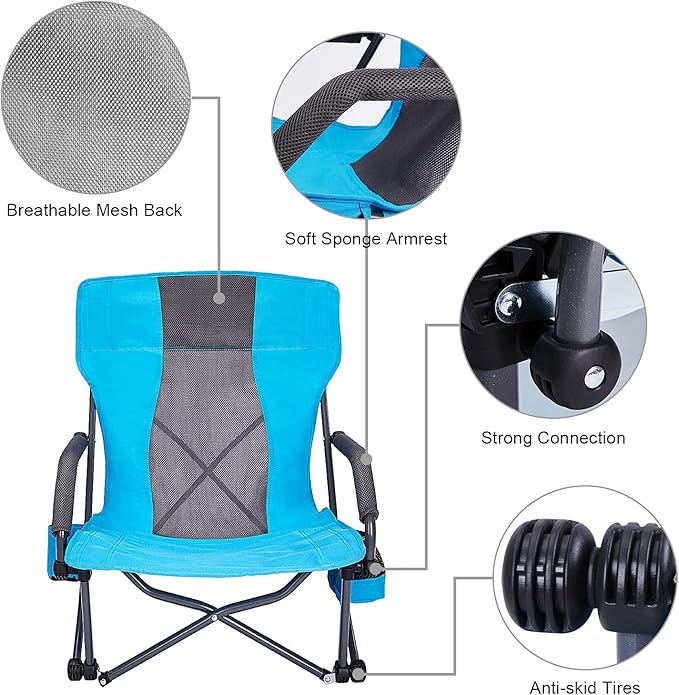 G4Free Low Sling Folding Beach Camping Chairs Compact Concert Lumbar Back Support with Carry Bag Blue
