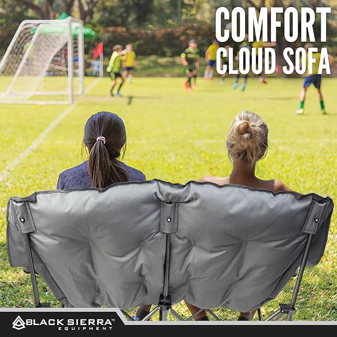 Black Sierra Double Camping Chair for Adults Oversized Folding Loveseat Supports 600 lbs Plush Padded Outdoor Couch with Cup Holders and Carry Bag for Beach Patio RV or Tailgating Events