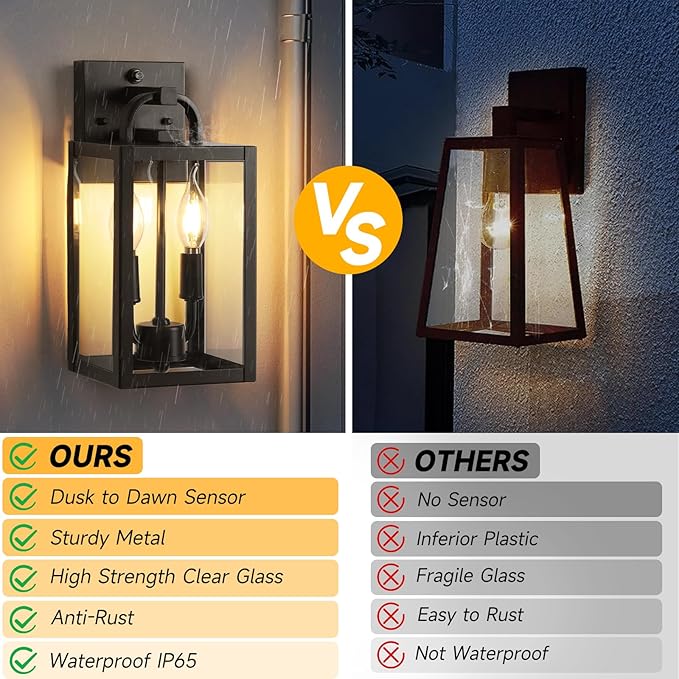 Dusk to Dawn Outdoor Wall Light Fixtures 2 Pack Front Porch Lights with E12 Sockets Exterior Waterproof Outdoor Lighting Anti-Rust Outside Lights for House Garage Patio