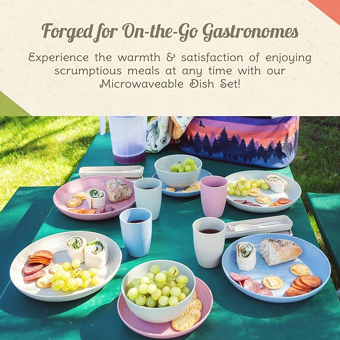 Camping Plates Cups and Bowls Set - 8-pc Wheat Straw Dinnerware Sets - 2 Bowls 2 Cups 2 Small &amp 2 Large Indoor/Outdoor RV Dishes - BPA Free Dishwasher &amp Microwave Safe Camp Casual (Rustic R