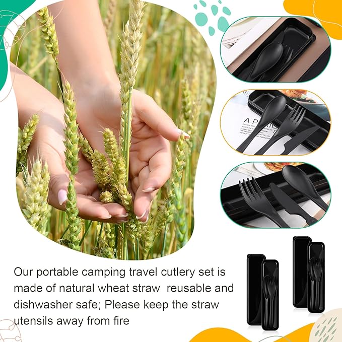 Jinei 50 Sets Reusable Travel Utensils Set with Case Wheat Straw Cutlery Portable Spoon Knife Forks Lunch Box Accessories Friendly Tableware for Kids Adults Camping Utensils (Black)