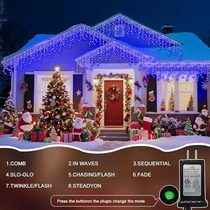 131 Ft String Lights for Outside 1280 LED Christmas Lights Outdoor Plug in Christmas String Lights with 8 Modes &amp Timer for Holiday Party Wedding House Patio Outdoor Decor(Blue)
