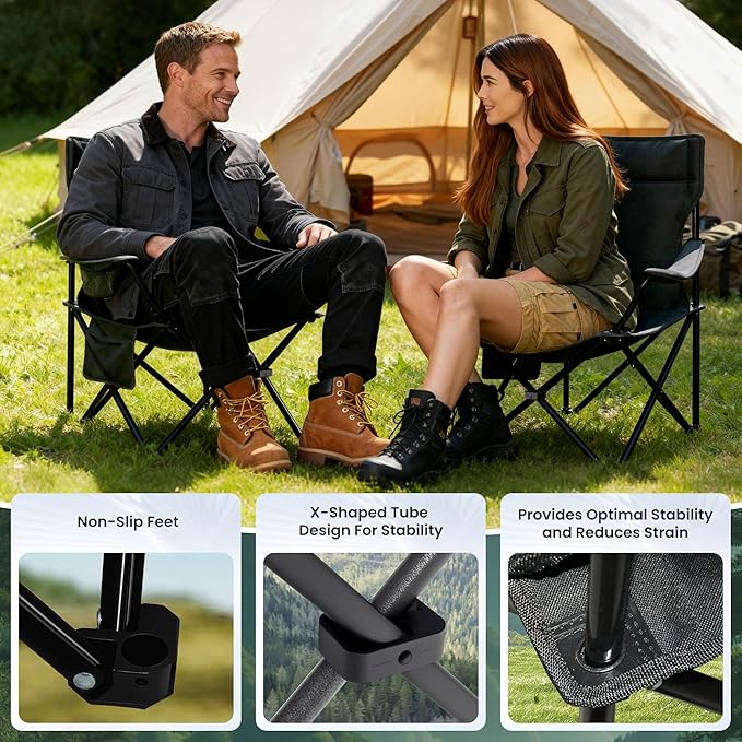 Portable Camping Chair 2 Pack Folding Outdoor Chair with Cup Holder &amp Side Pocket for Camping Hiking Picnic Beach (Black)
