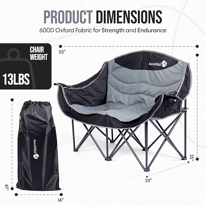 Double Folding Chair – Portable Loveseat for 2 Adults with 600 lbs Support – Water &amp UV Resistant Folding Outdoor Chair for Beach Picnic Camping