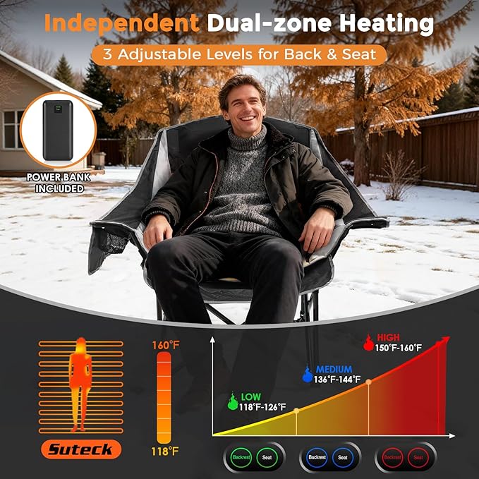 Suteck Heated Camping Chair with 20000mAh Battery Oversized Heated Chairs W/3 Heat Levels &amp 2 Heating Zones Portable Heated Folding Chair Use for Outdoor Sports Camping Lawn