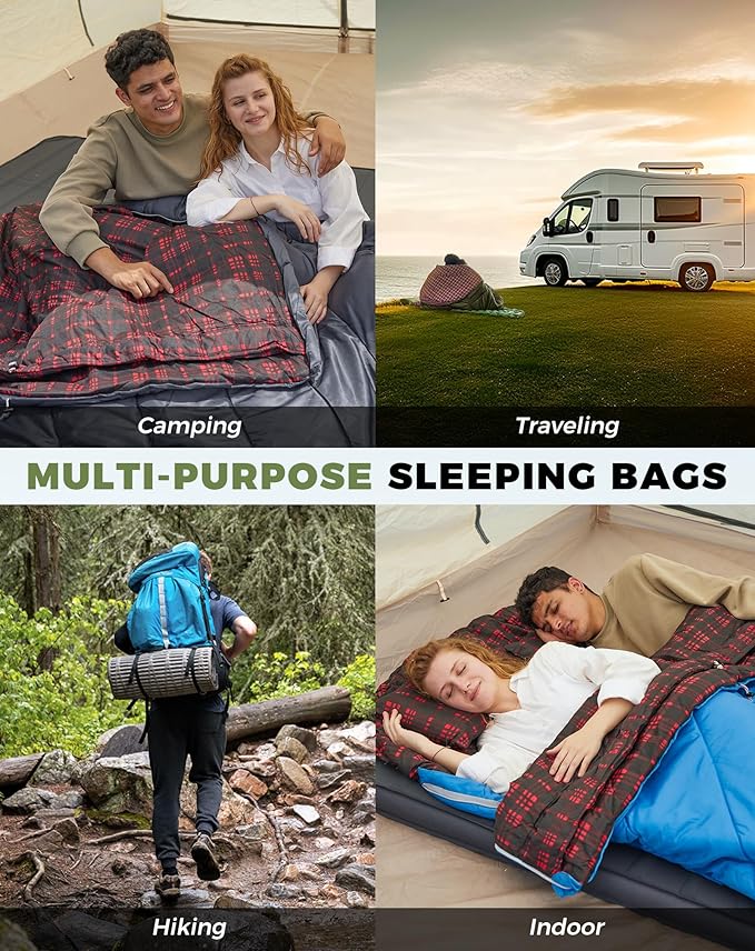 KingCamp Double Sleeping Bag for Adults Queen Size 2 Person XXL Flannel Sleeping Bag Waterproof Lightweight Flannel Quilt with 2 Pillows Perfect for Couples Family Camping Hiking