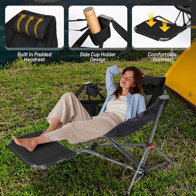 CDEN Hammock Chair with Footrest Swinging Camping Chairs Rocking Camping Chair with Detachable Footrest Cup Holder Side Pocket Armrest Foldable for Picnic Travel Festival (Black 1 Pack)
