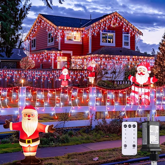 JMEXSUSS 38.8 Ft 400 LED Icicle Christmas Lights for Outside 8 Modes Red and White Icicle String Lights Plug in with Remote Christmas Lights Indoor Outdoor for Halloween Party Christmas Decoration