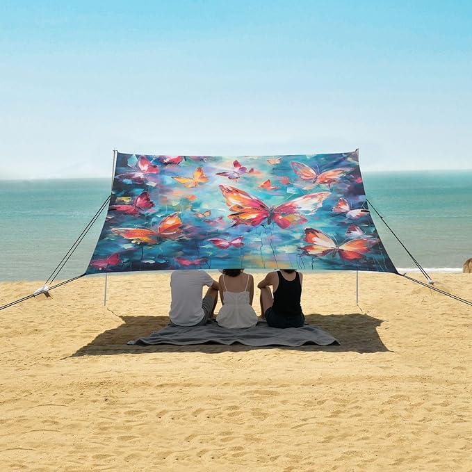 ALAZA Butterfly Painting Beach Tent Sun Shelter UPF50+ Protection Beach Shade Canopy w/ 4 Sandbags for Outdoor Camping Fishing Backyard Fun Picnic 10x9 ft