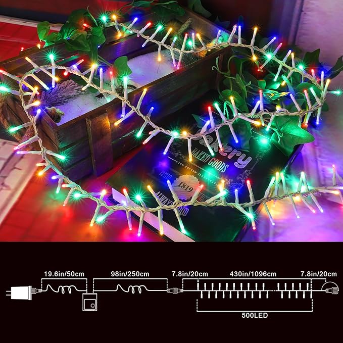 LAMPHOME 500 LED String Lights - Outdoor &amp Indoor Plug-in Twinkle Fairy Lights 46ft 500 LEDs Multicolor Waterproof 16 Modes