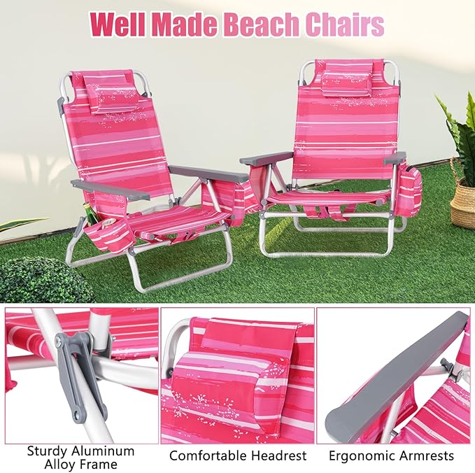 GYMAX Beach Chairs Backpack Camping Chair with Armrest Cooler Bag Cup Holder Towel Bar &amp Side Pockets Sunbath Sling Tanning Lounge Folding Layout Chair (Without Table Pink Stripe)
