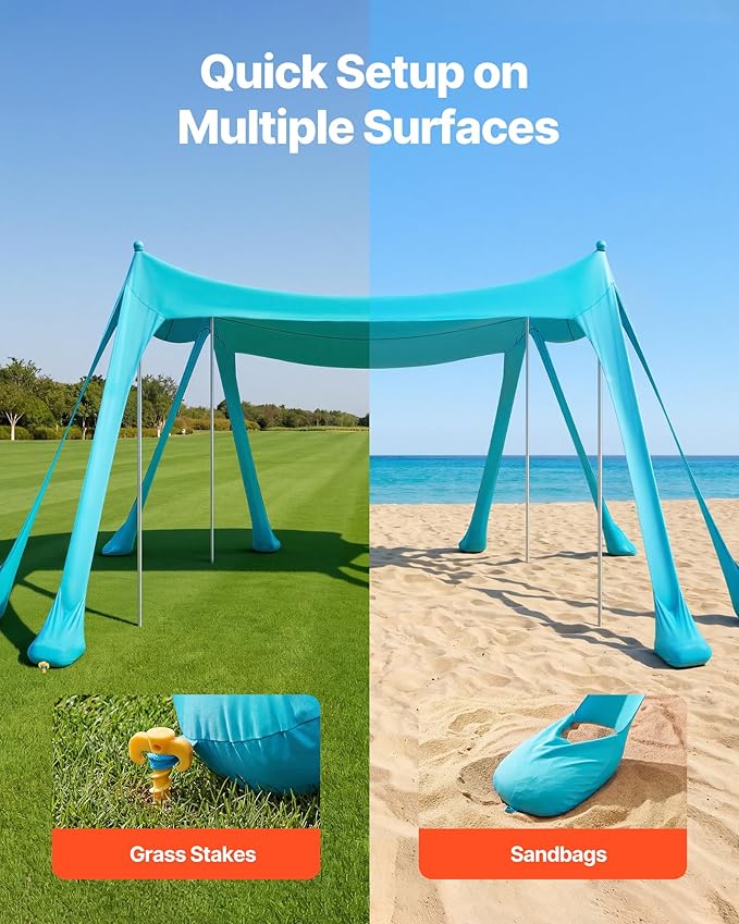 VEVOR Beach Tent Sun Shelter UPF50+ Sun Protection 6.6 ft Tall 10 x 10 ft Easy Pop Up Beach Canopy with Sandbags Stability Poles Sand Shovels Portable Shade for Family Camping Fishing Green