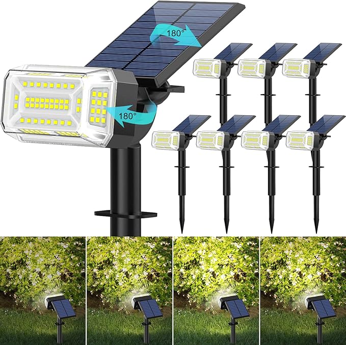 102 LEDs Solar Spot Lights Outdoor [ 4 Modes/8 Pack] Solar Spotlights Waterproof IP65 Adjustable Light &amp Panel Landscape Flood Powered Lights for Yard Garden Pathway Wall (Cool White)