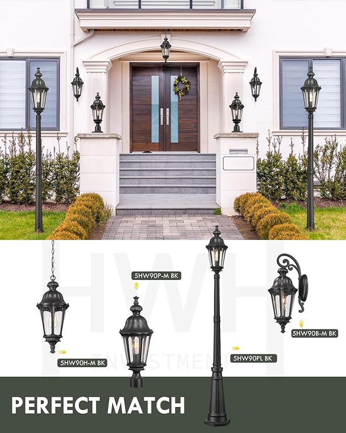 Outdoor Pendant Lights for Porch HWH 20'' Large Outdoor Chandelier for Gazebo with Seeded Glass Exterior Hanging Lantern Light Fixtures Matte Black Finish 5HW90H-M BK