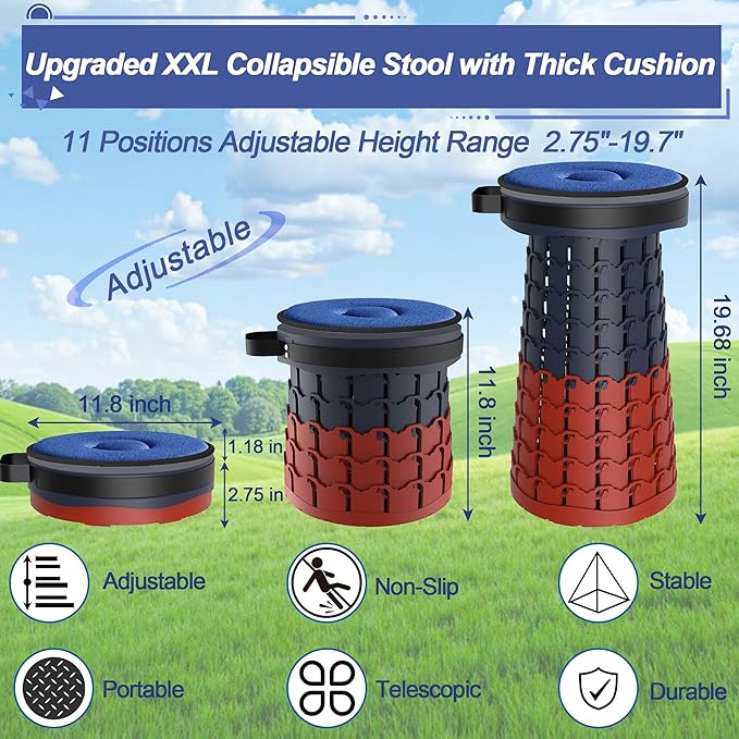 ALEVMOOM Upgraded XXL 19.7 Collapsible Stool with Cushion Heavy Duty Portable Folding Stool Max Load 1000 lbs Retractable Telescoping Foldable Seat Chair for Camping Fishing Travel