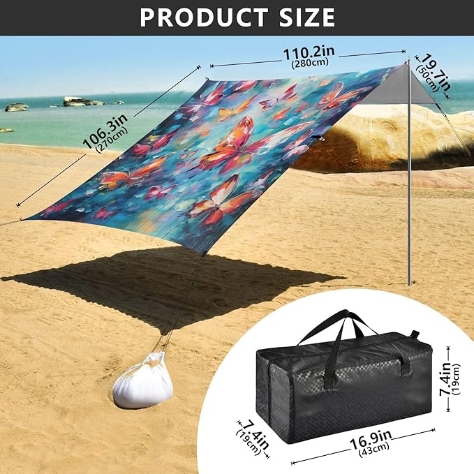 ALAZA Butterfly Painting Beach Tent Sun Shelter UPF50+ Protection Beach Shade Canopy w/ 4 Sandbags for Outdoor Camping Fishing Backyard Fun Picnic 10x9 ft