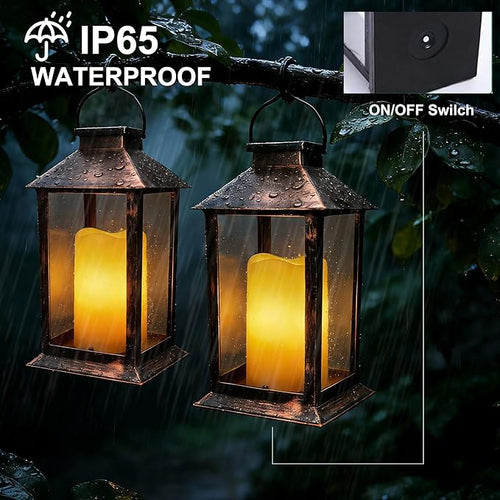 2 Pack 14 Inch Solar Lanterns Outdoor Waterproof with Flickering Flameless Candles Outdoor Garden Hanging Lantern Decorative for Patio Front Porch Backyard Balcony Cabin Outside Table