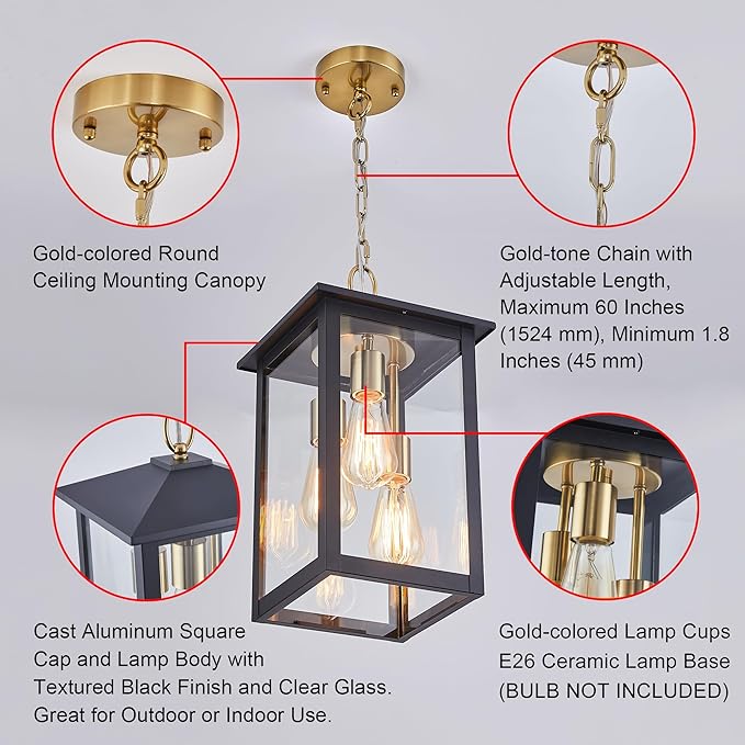 3-Lights Large Outdoor Pendant Light with Clear Glass17Inch Ht Exterior Hanging Lantern with Textured BlackSuit for Damp LocationsEasily Installed on Your Porch &amp Patio Yard Garden.