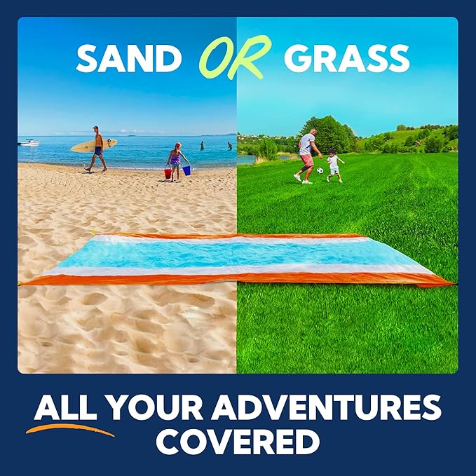 SUN NINJA Oversized Beach Blanket - Sandproof Beach Blanket 10ft x 9ft Sand Free Blanket Lightweight Water Resistant Includes Carry Bag 4 Pegs Shoulder Strap for Family Outings