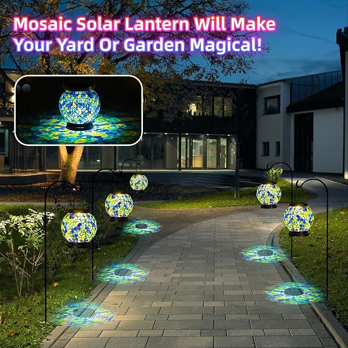VOREEN Mosaic Solar Lanterns Handmade Outdoor Glass Hanging Light Waterproof Solar Table Lamp Gift for Mom Wife Friend Decor for Garden Patio Yard Balcony Green &amp Yellow Leaves Pattern