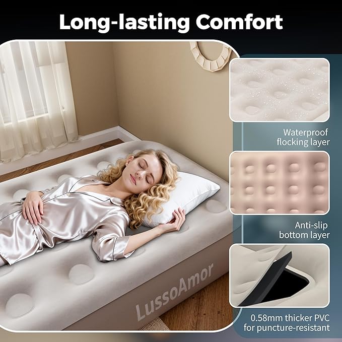 Twin Size Air Mattress - 4000mAh Built-in Rechargeable Pump 10 Inch Foldable Blow Up Air Bed for Camping Travel 3-Minute Quick Inflation/Deflation Colchon Inflable Mattress Khaki