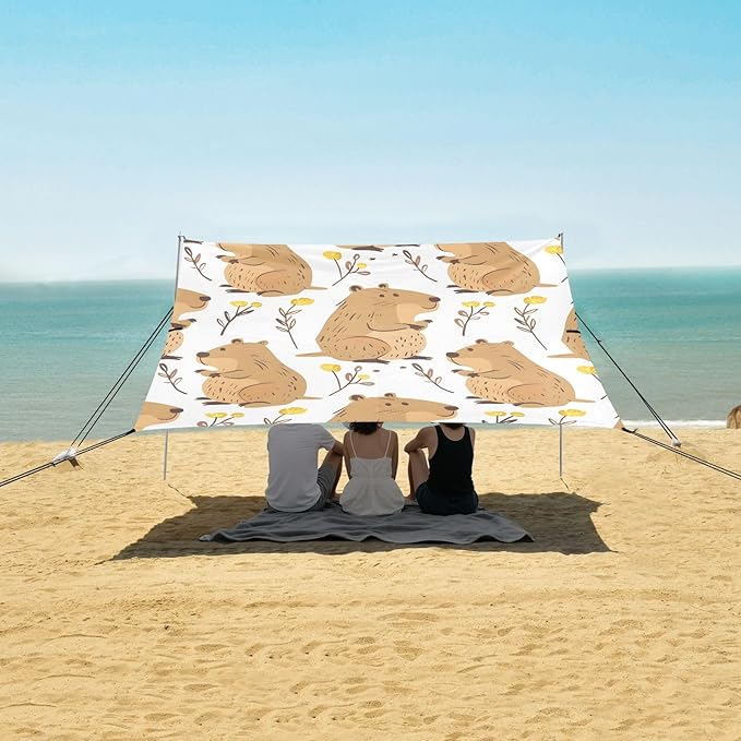 Cute Capybara Flowers Camping Sun Shelter Beach Tent Portable Beach Sun Shade Outdoor Canopy for Camping Trips Fishing Picnic