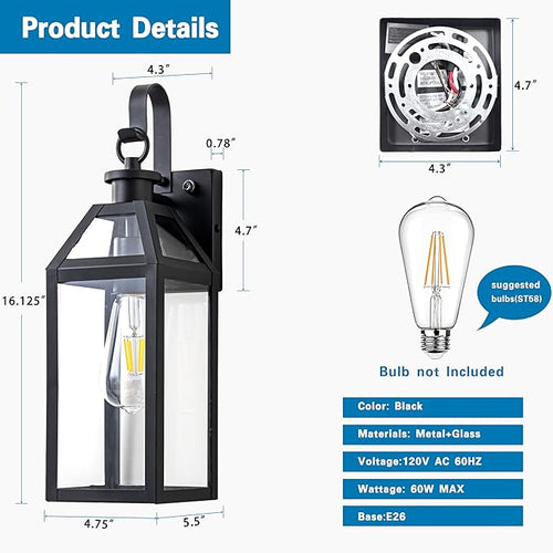 16 Dusk to Dawn Outdoor Wall Light with Sensor - Waterproof Exterior Wall Sconce for Porch Patio Garage Front Door Balcony Entry Modern Hardwired Lantern in Black Metal &amp Glass E26 - 2 Pack