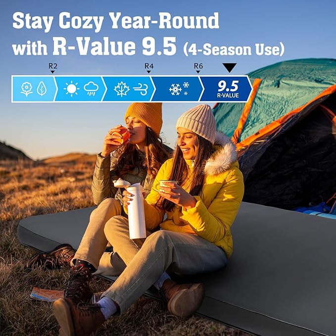 Hikenture Extra Thick Double Self Inflating Sleeping Pad 9.5 R Camping Mattress 2 Person Inflatable Foam Camping Pad with Pump Sack Portable 4 in Thickness Comfort Plus Camping Mat for 4-Season