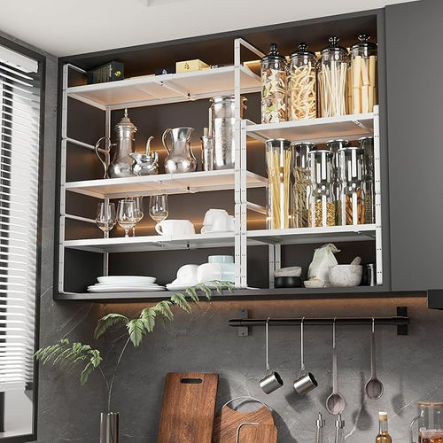 16.5~27.1 Expandable Shelf Organizer 1Pack 10.2 Wide Stackable Cabinet Shelf Organizers White Metal Sturdy Kitchen Counter Storage for Countertop Adjustable Height Spice Rack