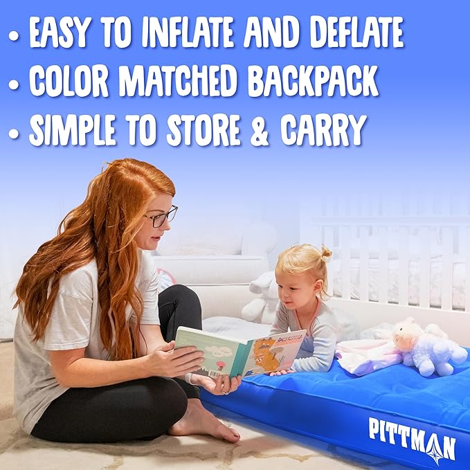 Pittman - Kids Air Mattress - Deluxe Kids Inflatable Bed with Electric Pump &amp Durable Backpack - Perfect Teen to Toddler Blow up Mattress for Sleepovers Camping or Childs Travel Bed