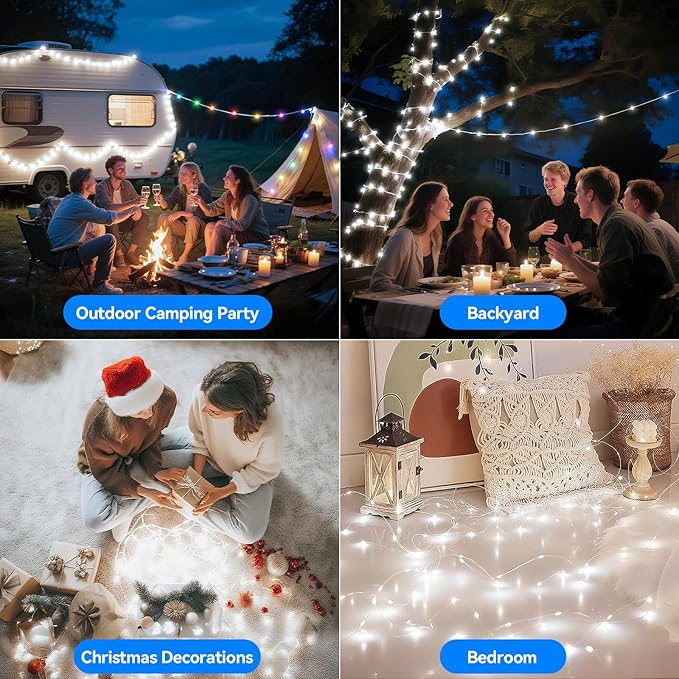 Lakumu 2-in-1 Fairy Lights Battery Operated 200 LED String Lights with Remote &amp Timer 66FT(2×33) Twinkle Lights for Bedroom Waterproof Indoor Outdoor Camping Christmas Decorations Cool White