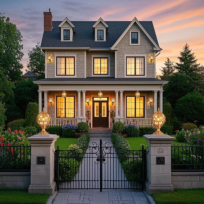 2Pack Dusk to Dawn Gold Outdoor Post Lights Exterior Waterproof Rustproof Sphere Outside Post Lamps Fixture Farmhouse Aluminum Pillar Lantern for Porch House Pathway Fence Yard Garden Patio
