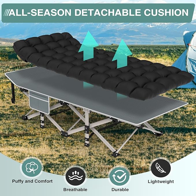 ZENPETIO Camping Cot for Adults Heavy-Duty Portable Cot Bed with Mattress Foldable Padded Sleeping Cots for Camping Travel Tent Day Bed Outdoor &amp Home Guest Max Load 500 LBS 75x28x15”