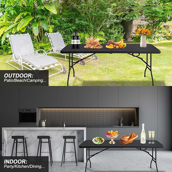 6ft Folding Table Portable Plastic Table for Camping Picnics Parties High Load Bearing Foldable Table Black
