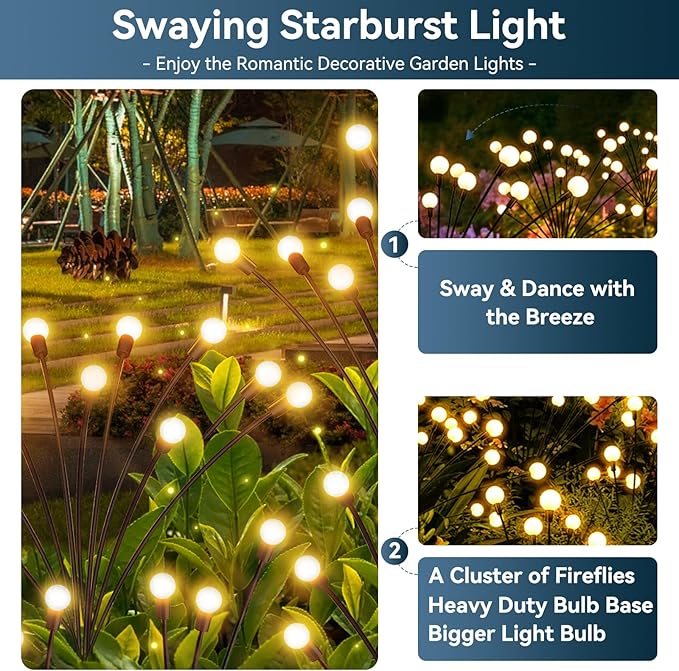 Solar Garden Lights Outdoor Waterproof 4 Pack 32 LED Swaying Firefly Lights Outdoor Decor Light for Pathway Party Christmas Decoration Unique Gifts for Women Warm White
