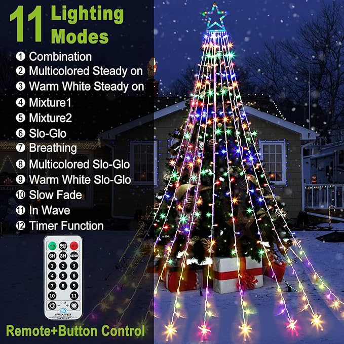 Christmas Decoration Lights Outdoor String Lights 320 LED 11.5 Ft Waterfall Tree With Big Star Topper 8 Modes for New Year Holiday Garden Yard Indoor Outdoor Decor