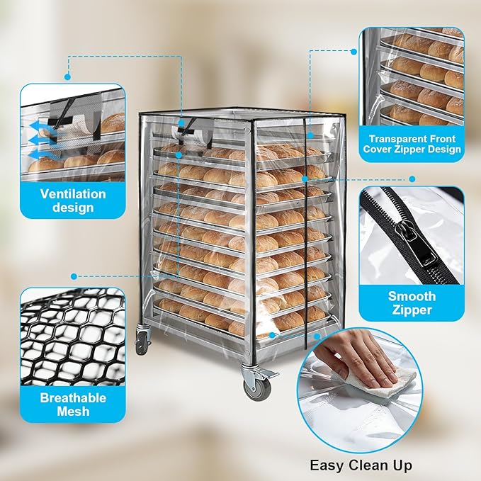 Bun Pan Sheet Rack CoverBread Speed Rack Cover with ZipperCommercial Bakery Racks 23x28x32Clear PVC Waterproof Dustproof Bread rack Cover with Breathable Mesh Vent (10-Tier TPU)