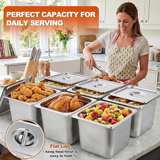 6 Pack 1/6 Size Stainless Steel Hotel Pans with Lids 6 Inch Deep Steam Table Pans Anti-Jam Metal Hotel Pans with Clip for Restaurant Home Catering Food Storage