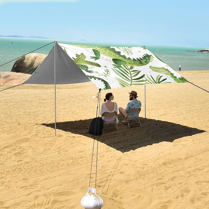 Cartoon Crocodiles Pattern Camping Sun Shelter Beach Tent Portable Beach Sun Shade Outdoor Canopy for Camping Trips Fishing Picnic