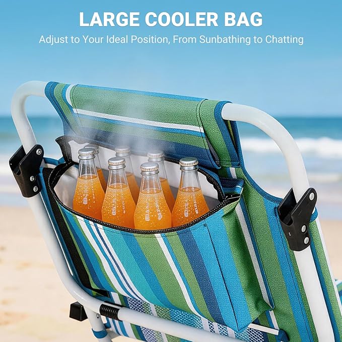Beach Chair for AdultsPortable 5 Position Backpack Beach Chair Reclining Lay Flat Lightweight Folding Camping Chair w/Large Cooler PouchSupport to 350LBSBlue Low Hight