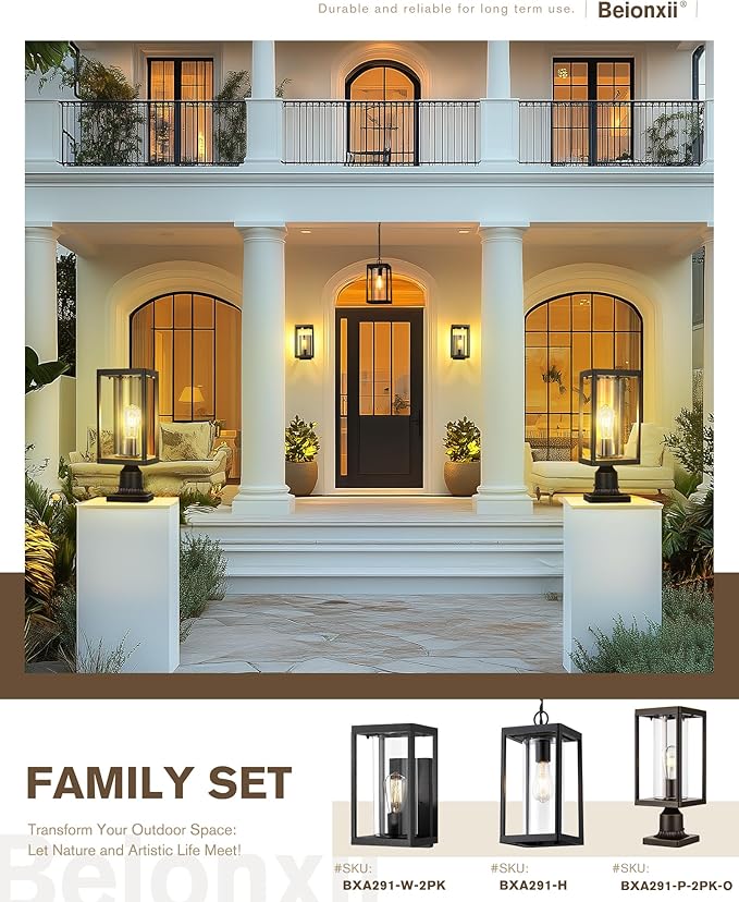 Beionxii Outdoor Post Lights 20in Post Lantern with Pier Mount Base Aluminum Street Lights with Glass Fence Post Deck Lighting for Garden Patio Pathway BXA291-P-2PK-O (NOT Solar 110-120V AC)